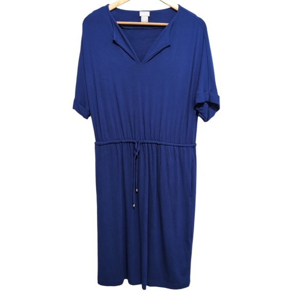 Chico's Split Neck Tie Waist Dress Royal Blue size 1(8/10) Medium Rayon - Picture 2 of 11